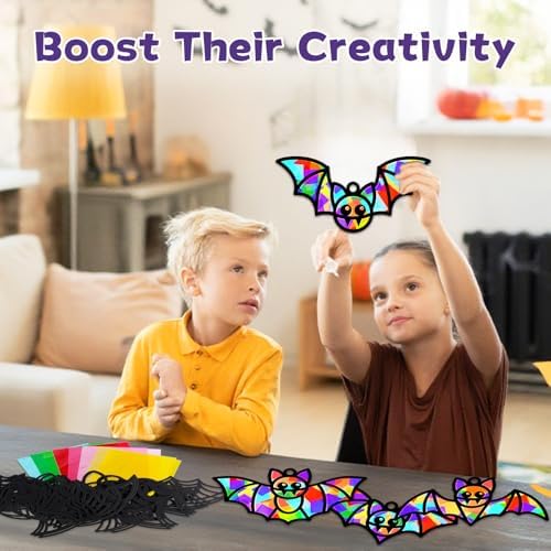 QOUBAI 32 Sets Halloween Bats Suncatchers Craft Kit DIY Window Stained Glass Effect Halloween Bats Paper Crafts Home School Classroom Decoration Kid Birthday Gift Creative Art Project Activity Game - Image 4