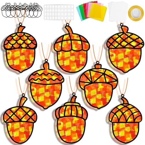 32 Sets Pine Cones Suncatchers Craft Kit DIY Window Stained Glass Effect Fall Autumn Pine Cones Paper Craft Home School Classroom Decoration Kid Birthday Gift Creative Art Project Activity Game by QOUBAI