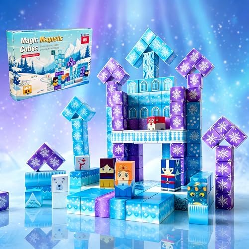Magnetic Blocks Building Set - Puzzle Cubes as STEM Toys for Kids - Toddlers Sensory Construction Tiles - Ages 3+ Creative Educational Games for Boys and Girls - Frozen 200pc Block by uMadeUs