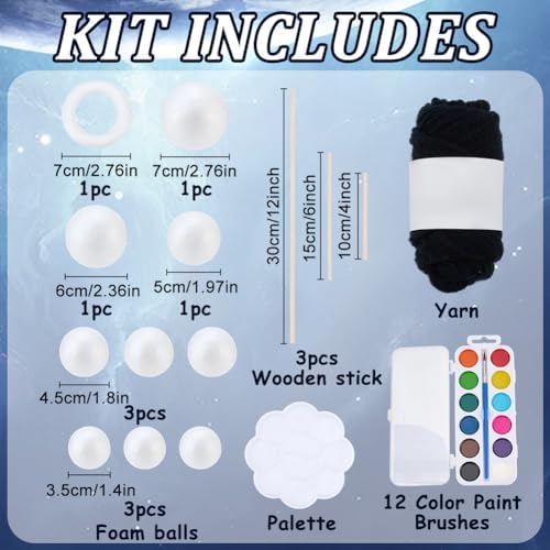 WEBEEDY 17 Pcs DIY Solar System Model Kit Solar System Hanging Ornament Painting Craft Kit with Mixed Sizes Foam Balls, Stickers, 12 Colors Pigments, for Adult Beginner Christmas Birthday Unique Gift - Image 2