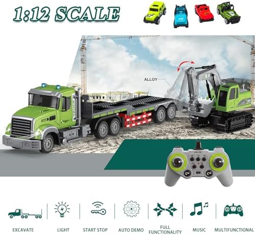 Fistone RC Semi-Trailer Truck & Excavator Toy Set, 1:12 Scale with Sound and Lights, 2.4Ghz Remote Control Flatbed Truck and Excavator Toys for Boys 6-12 Years Old - Image 2