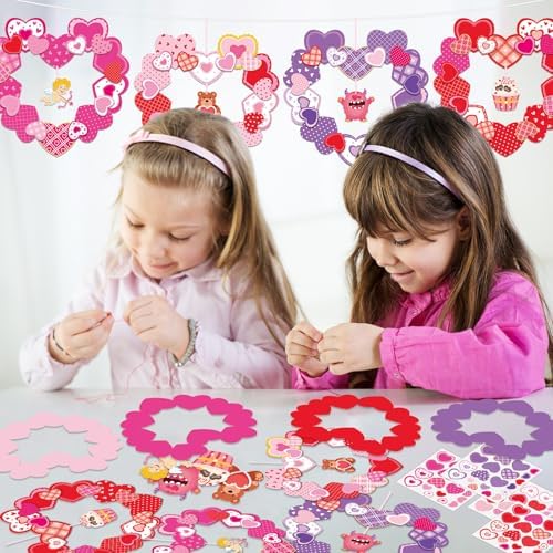 Lonfliness 24 Sets Valentines Wreath Craft for Kids DlY Hanging Decor Valentine's Day Heart Paper Wreath Craft Ornament with Heart Stickers Valentines Party Supplies for School Classroom Activities - Image 4