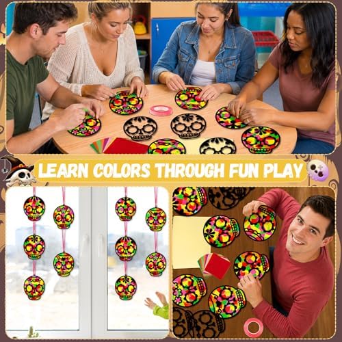 Qyeahkj 36 Set Day of The Dead Suncatchers Crafts for DIY Skull Window Tissue Paper Craft Kit Hanging Decor for Mexico Home Activity Art Project Birthday Party Favor Gift - Image 7
