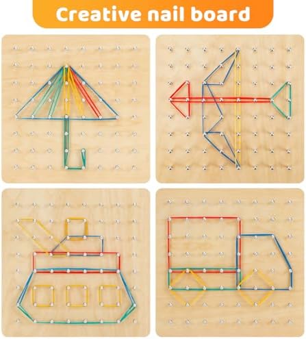 2Pack Wooden Geoboard,Montessori Toy,Graphical Mathematical Education Toy for Kids with Pattern Cards and Rubber Bands to Figures and Shapes, Brain Teaser STEM Toy Geo Board. - Image 2