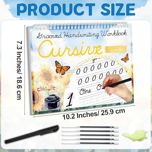 chiazllta Grooved Cursive Handwriting Workbook with Disappearing Ink Pens Magic Reusable Grooved Cursive Writing Practice for Beginners Kids Kickoff Student Workbook Homeschooling Supplies (Number) - Image 2
