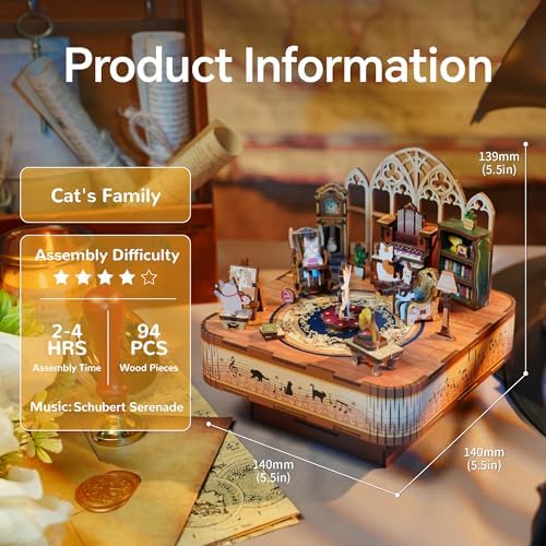 Tonecheer Wooden Music Box Puzzle for Adults,DIY Rotating Music Box Kit 3D Creative Musical Puzzle Crafts Model Building Kits Desk Decor for Teens Kids Birthday Gift (Cats Family) - Image 2