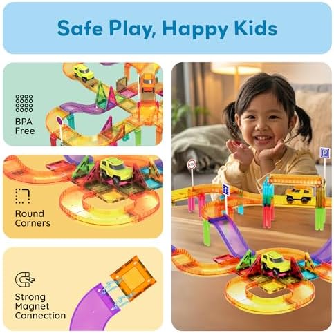 PicassoTiles 60pc Magnetic Tile Race Car Track Set STEM Construction Road Kit Building Blocks for Kids Toddlers Age 3 Plus Educational Travel Toy Sensory Preschool Learning for Boys and Girls PTMR60 - Image 6