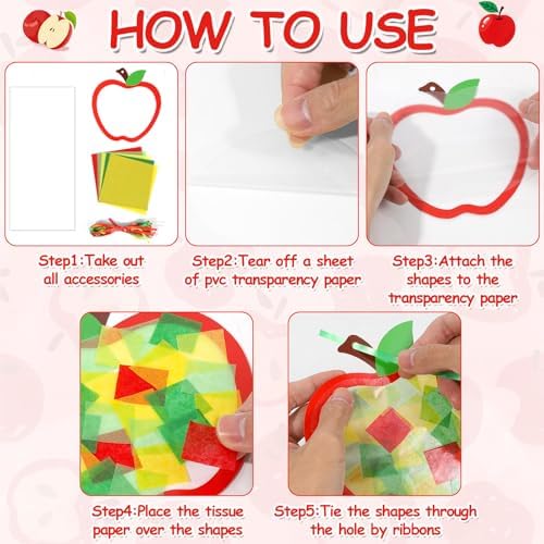 Qyeahkj 36 Set Fall Apple Suncatchers Crafts for Kids DIY Autumn Window Tissue Paper Craft Kit Hanging Decor for Back to School Home Activity Art Project Birthday Party Favor Gift - Image 4