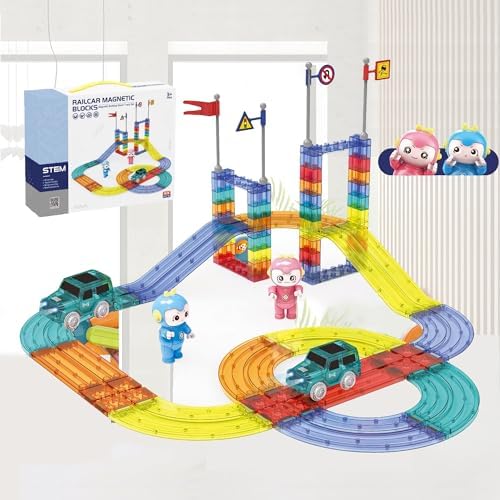 Magnetic Tiles Race Car Track Set STEM Engineering Slot Cars on Flexible Car Tracks 63PCS Educational Magnet Building Blocks Magnetic Car Toys for Kids by ExploreYourExquisiteGifts