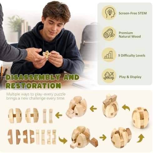 VolksRose 9pcs Wooden Brain Teaser Puzzles, IQ Challenge Puzzle Games, Logic Smart Mind Puzzle Box Lock Toy Removing Assembling 3D Small Puzzle Gift Set for Adults Teenagers Kids, 1.8inch 4.5cm - Image 3