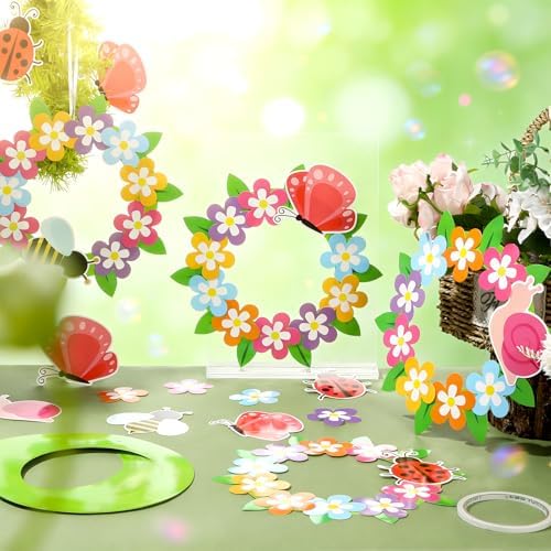Lonfliness 24 Set Spring Wreath Crafts Kits Floral Animals DIY Hanging Decor for Colorful Paper Wreath Craft Ornament with Flower Butterfly Bee Sticker Spring Party Supplies for Activities - Image 4
