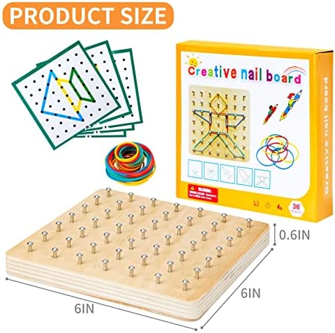 HEELWIRE Wooden Geoboard,Montessori Toy,Graphical Mathematical Education Toy for Kids with Pattern Cards and Rubber Bands to Figures and Shapes, Brain Teaser STEM Toy Geo Board (6 * 6 * 0.6 in) - Image 3