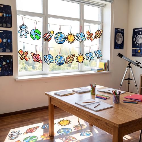 Renbuzhu 48PCS Solar System Space Paper Suncatchers DIY Project Kits, Back to School Window Stained Glass Effect Art Supplies for Party - Image 3