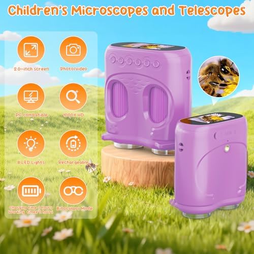 2-in-1 Kids Microscope Telescope, Temodu 2.0" 1000X Digital Microscope for Kids, HD Portable Education Telescope for Kids Birthday Festival Gift, Science Fun Toys for Children Age 4-12 (Purple) - Image 2