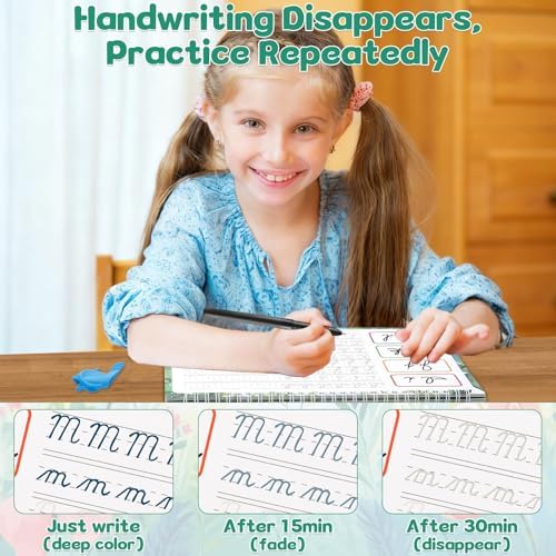 chiazllta 4 Pack Grooved Cursive Handwriting Practice Kit with Disappearing Ink Pens Magic Reusable Grooved Cursive Writing Workbooks Copybook for Beginners Kids (Words&Sentence&Reading&Letters) - Image 3