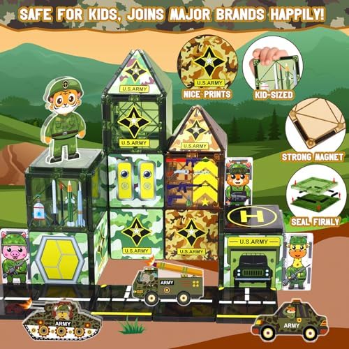 63Pcs Army Toys Magnetic Tiles Building Blocks Set with 5 Military Cars Men - Image 6