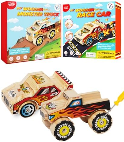 Little Jupiter DIY Wooden Kits w/Stickers - Kids Building Kit - Stem Toys for Ages 4-7 - Wood Crafts for Kids - Woodworking Kits (Monster Truck 1 & Race Car) by LittleJupiter