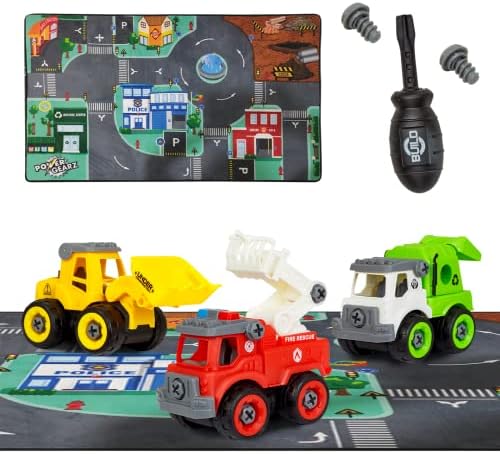 Flybar Power Gearz Kids Carpet Playmat Rug – Play Mat & Toy Trucks 3Pack Bundle with Automatic LED Traffic Lights, Car Rugs for Kids, Play for Playroom - Non-Slip, Toys for Ages 3-5 by Flybar
