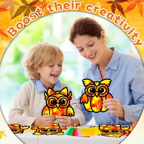 QOUBAI 32 Sets Fall Owl Suncatchers Craft Kit DIY Window Stained Glass Effect Autumn Owl Paper Crafts Home School Classroom Decoration Kid Birthday Gift Creative Art Project Activity Game - Image 4