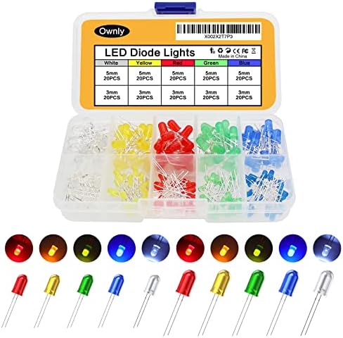 200Pcs 3mm & 5mm Led Light Emitting Diodes Assortment Kit, Mini/Tiny/Small Individual Led Single Light, Clear/White Red Green Blue Yellow Assorted Led Diode Bulbs Set for Arduino, Breadboard, etc by WOWOONEforProfessional