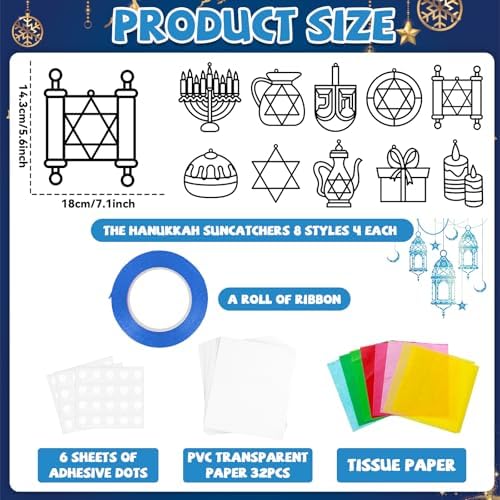 QOUBAI 32 Sets Hanukkah Suncatchers Craft Kit DIY Window Stained Glass Effect Chanukkah Paper Crafts for Home School Classroom Decoration Kid Birthday Gift Creative Art Project Activity Game - Image 2