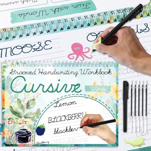 chiazllta Grooved Cursive Handwriting Workbook with Disappearing Ink Pens Magic Reusable Grooved Cursive Writing Practice for Beginners Kids Kickoff Student Workbook Homeschooling Supplies (Words) by chiazllta