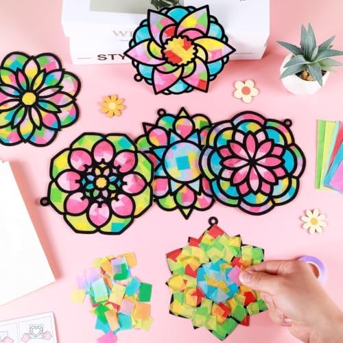 Qyeahkj 36 Set Mandala Suncatchers Crafts for Kids DIY Mandala Window Tissue Paper Craft Kit Art Flower Hanging Decor for Summer Home Activity Art Project Birthday Party Favor Gift - Image 5