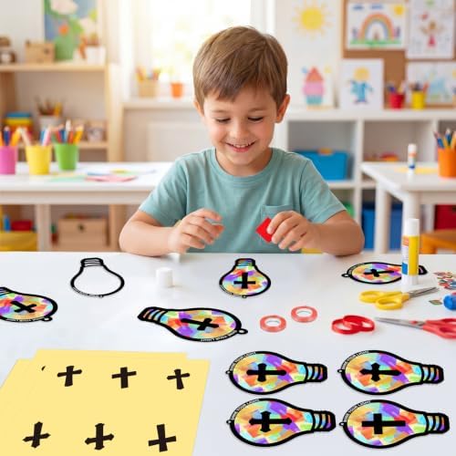 Renbuzhu 48PCS Sunday School VBS Crafts Bulk: Paper Lightbulb Cross Nativity Suncatchers, Jesus Religious Christian Activity DIY Kits Church Decorations, Window Stained Glass Effect Art Supplies - Image 4
