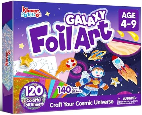 Klever Kits Outer Space Foil Art Kit for Kids - Arts & Crafts Supplies, Mess Free Coloring, Galaxy Foil Foam Stickers, Creative Travel Toys, Birthday Gifts for Boys & Girls Ages 4 and Up by KleverKits