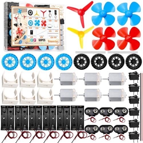 6 Set Electric DC Motor Kit, Electric Small Motor 3-12V 25000 RPM with 9V Battery Clip Connector, Shaft Propeller, 2 x AA Battery Holder, Plastic Wheels for DIY Science Projects by Tnuocke