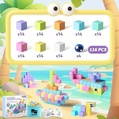 116PCS Magnetic Blocks with Magnet Eyes Toy, Magnetic Building Blocks with Storage Bag for Kids Gifts, STEM Preschool Sensory Magnetic Cubes for Toodlers Boys Girls Ages 3 4 5 6 7 8, Macaron Color - Image 3