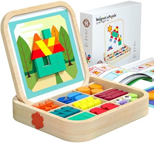 288 PCS Wooden Magnetic Pattern Blocks Set – Montessori Tangram Puzzle with Pattern Cards & Storage Bag | Preschool Montessori Brain Teaser, STEM Gift for 3-8 Years Old Toddler Kids by Migargle