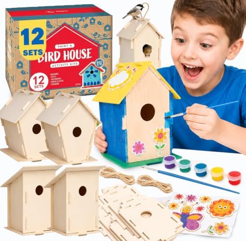 Neliblu DIY 12 Wooden Bird House Kits - Creative Arts and Crafts Set for Adults - Unfinished Wood Birdhouses with Paint Strips, Brushes, Stickers and Strings - 3 Unique Shapes, 2 Sizes by Neliblu