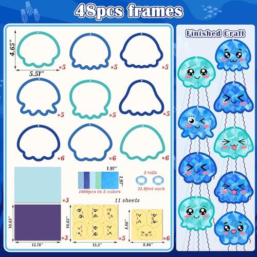 48PCS Summer Crafts: Paper Jellyfish Suncatchers DIY Kits, Window Stained Glass Effect Art Supplies - Image 5