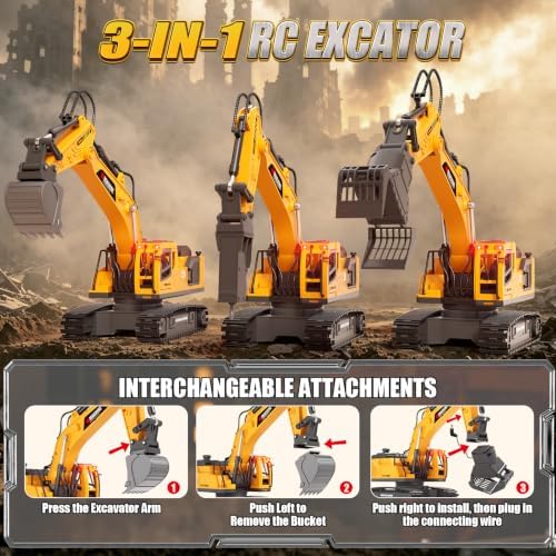 Jiakora 3-in-1 Remote Control Excavator Toy for Boys, 14-CH RC Construction Vehicle with 2 Rechargeable Batteries, Alloy Shovel, Drill & Grapple, Best Gifts for Kids Ages 3-5 4-7 6-8 9 10 12 Years Old - Image 2
