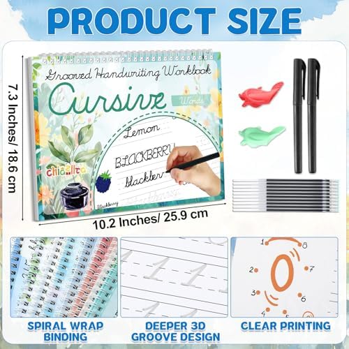 chiazllta 8 Pack Grooved Cursive Handwriting Workbook with Disappearing Ink Pens Magic Grooved Cursive Reusable Handwriting Practice Books Copybooks for Kids Beginners Learning Activities Supplies - Image 2
