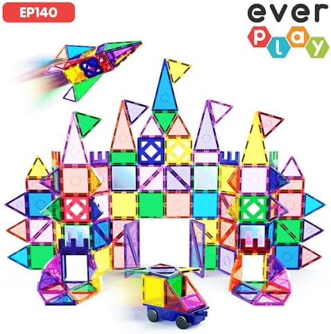 140 pc Castle Rocket Magnetic Tiles with Car Set Building Block Toys STEM Educational Learning Magnet Toy Preschool Montessori Boys & Girls Smart Kit Games Gifts for Age 3+ Kids Toddlers - Image 5