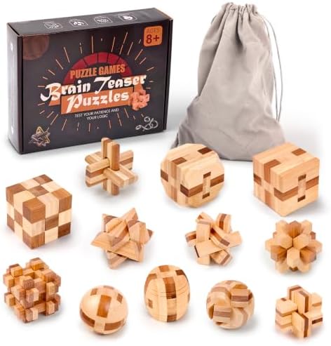 VolksRose 12pcs Wooden Brain Teaser Puzzles, IQ Challenge Puzzle Games, Logic Smart Mind Puzzle Box Lock Toy Removing Assembling 3D Small Puzzle Gift Set for Adults Teenagers Kids, 1.8inch 4.5cm by VolksRose