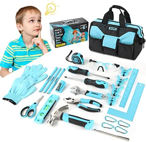 SHALL 26-Piece Kids Size Tool Set, Real Tools Kit for Kids with 12" Tool Bag, Safety Certified Children Learning Tool Set with Hand Tools for Boys & Girls Age 6+, DIY Building, Woodwork & Construction by SHALL