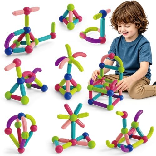 Magnetic Building Sticks Montessori Toy Starter Set, Magnetic Stick & Balls STEM Learning Toys for Kids, Montessori Magnet Set for 3 Year Old Preschool Toy, Construction Kit Sensory Toys Birthday Gift by YYLANDTOYS
