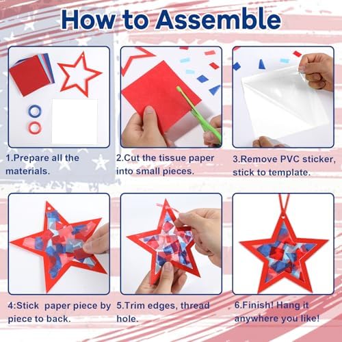 Qyeahkj 36 Set 4th of July Suncatchers Crafts for DIY Patriotic Star Window Tissue Paper Craft Kit Star Hanging Decor for Patriotic Home Activity Art Project Birthday Party Favor Gift - Image 4