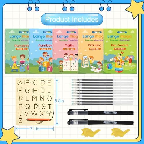 Large Handwriting Magic Grooved Practice Copybook Set: 5-Pack with Wooden Alphabet Tracing Board, Reusable Letter Learning Kit for Kid Age 3-8, Ideal for Kindergarten and Preschool Calligraphy Control - Image 6