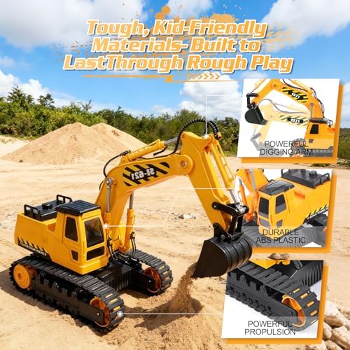 DOUBLE E Remote Control Excavator Toy, 2*Batteries 2.4GHz RC Excavator, 6-in-1 Digging/360° Rotation, 20M Range Sandbox Construction Toys Birthday Gift for Boys/Kids 6+ Years - Image 3