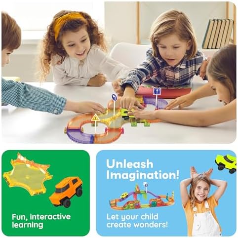 PicassoTiles 60pc Magnetic Tile Race Car Track Set STEM Construction Road Kit Building Blocks for Kids Toddlers Age 3 Plus Educational Travel Toy Sensory Preschool Learning for Boys and Girls PTMR60 - Image 5