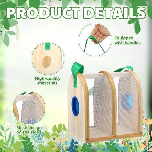 Yinkin Wooden Bug Cage Dual Chamber Critter Box Butterfly Cage with Nylon Carrying Strap Wooden Bug Box Critter Insect Viewer Catcher Habitat Summer Camping Vacation Outdoor Stem Educational Activity - Image 3