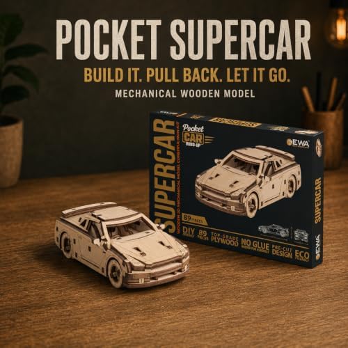 EWA Eco-Wood-Art Pocket Supercar 3D Wooden Puzzle, 89 Pieces, Ages 14+, 4.76 x 2.28 Inches, Wood Construction Model Kit - Image 2