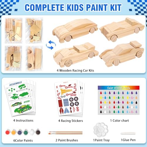 Shyling 4 DIY Wooden Race Car Toy, Arts & Crafts Painting Kit for Kids - Image 2