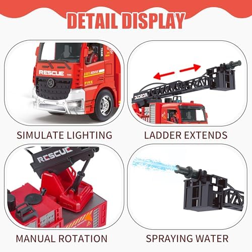 MQDMINI Remote Control Fire Truck Toy - Fireman Fire Truck with Jet Pump and Lights, Red Toy for 3 Year Old Boys, Girls and Toddlers - Image 3