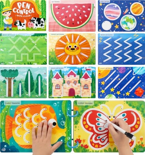 Dohoho Reusable Tracing Book for Kids Ages 3-5, 30 Pages Farm-Themed Line Tracing & Pen Control Workbook, Wipe Clean Educational Travel Toy with Dry-Erase Markers for Preschool Learning Activities by Unknown