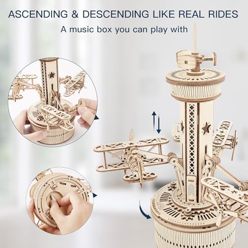 ROKR 3D Wooden Puzzle for Adults Airplane Tower Music Box - DIY Mechanical Model Building Kit 10", Birthday Gifts for Men/Women/Parents/Family - Image 3